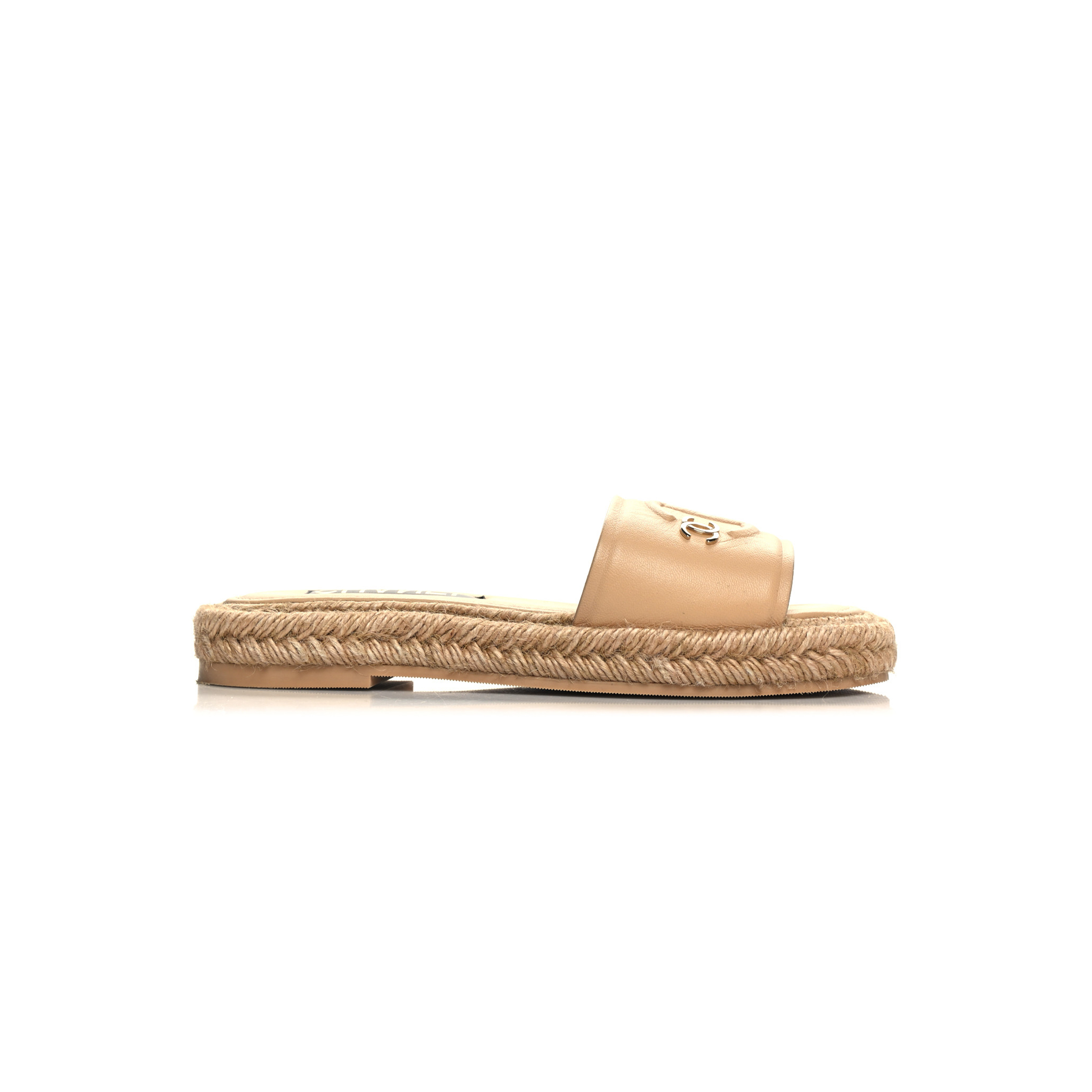 CHANE LAMBSKIN CC EMBOSSED ESPADRILLE MULE SANDALS BEIGE G39778